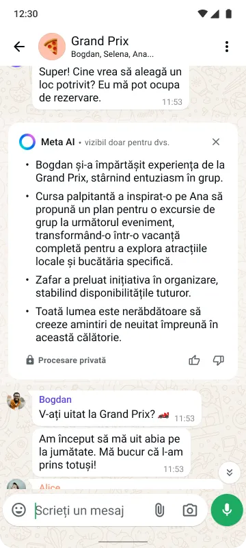 Smartphone care afișează o conversație de grup numită „Fans”, cu mesaje despre Grand Prix, numele participanților, emoji-uri și un buton de trimitere.
