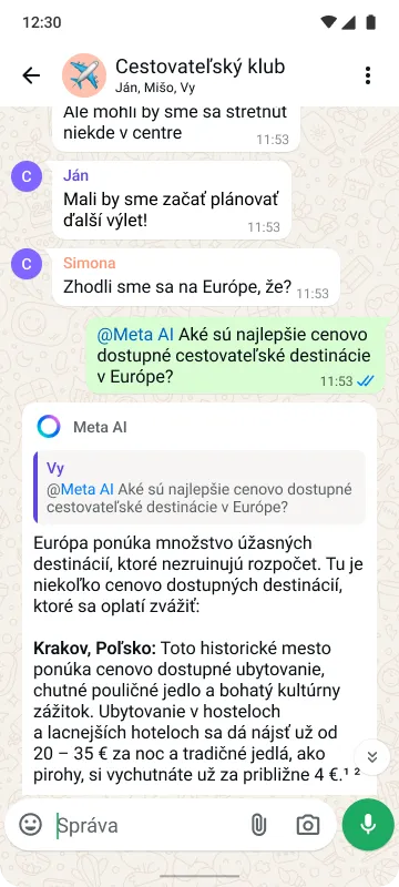 Smartfón so skupinovým chatom s názvom „Cestovateľský klub“, ktorého členovia plánujú výlet do Európy a Meta AI im dáva odporúčania.