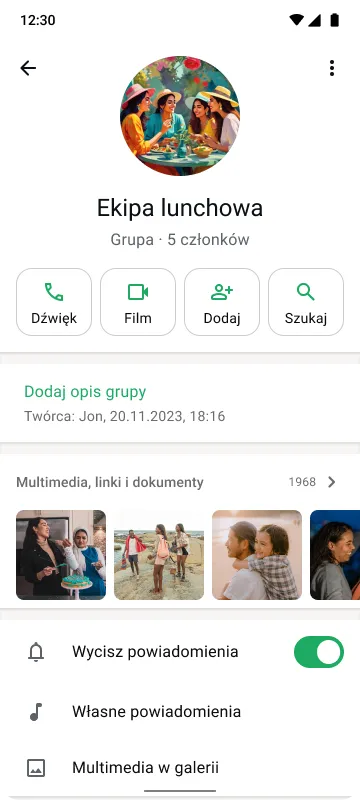 Ekran smartfona przedstawiający czat grupowy „Lunch Club” z pięcioma członkami grupy, przyciskami do nawiązywania rozmowy i wyszukiwania oraz wyciszonymi powiadomieniami.