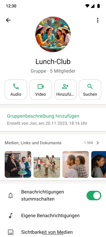 Smartphone, auf dem der Gruppenchat „Lunchclub“ mit fünf Mitgliedern, Buttons für Anrufe und Suche sowie stummgeschalteten Benachrichtigungen angezeigt wird