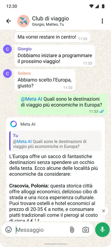 Smartphone che mostra una chat di gruppo chiamata "Travel club" in cui si programma un viaggio in Europa e Meta AI dà consigli.