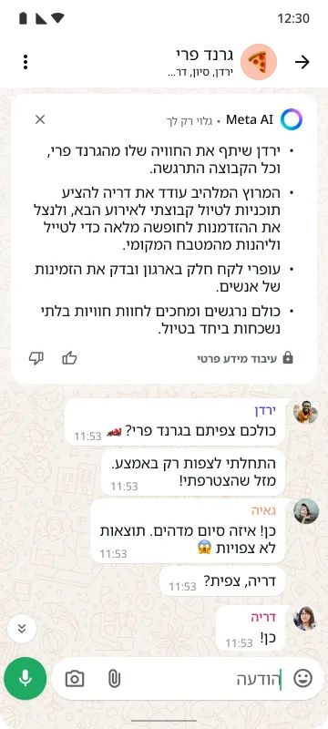 מסך סמארטפון שעליו מוצג צ'אט קבוצתי בשם "מעריצים" עם הודעות על הגרנד פרי, שמות המשתתפים, סמלי אמוג'י וכפתור שליחה.