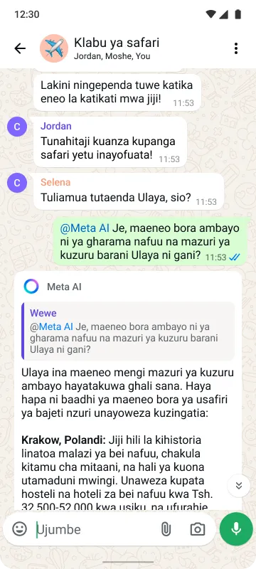Simu mahiri inaonyesha gumzo la kikundi linaloitwa "Travel club" likipanga safari ya kwenda Ulaya, huku Meta AI ikitoa vidokezo vya usafiri.