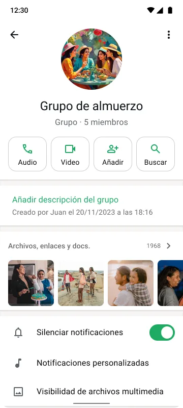 Pantalla de un smartphone que muestra un chat grupal llamado "Club de almuerzo" con 5 miembros, botones para llamadas y búsqueda, y notificaciones silenciadas