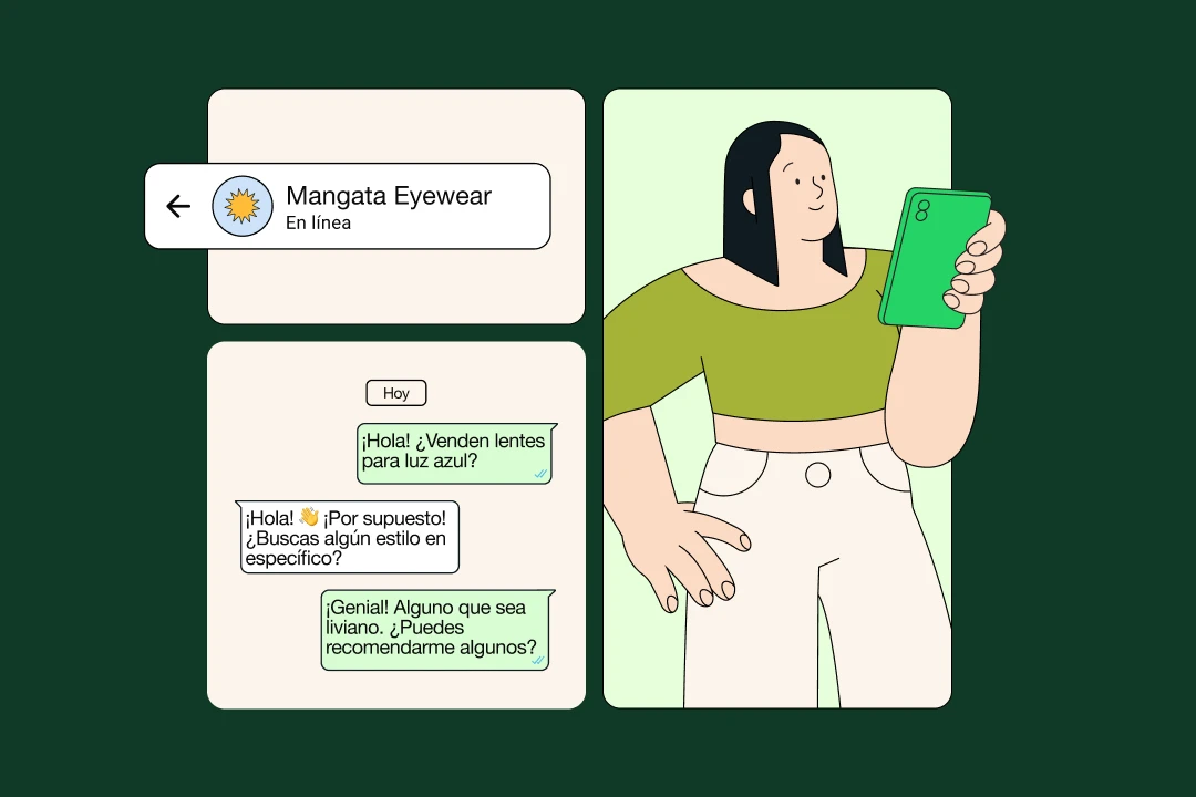 ilustración del servicio de atención al cliente por chat en vivo entre una empresa y un cliente en la aplicación whatsapp business