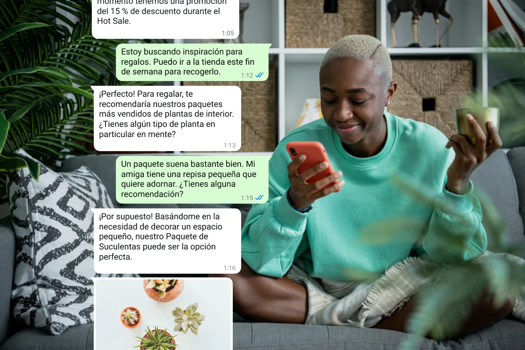 mensajes del soporte por chat en vivo entre un cliente y una empresa para recomendaciones de regalos en la aplicación whatsapp business