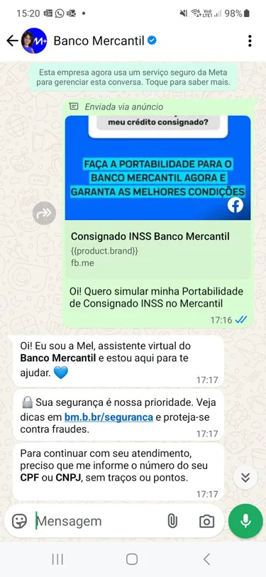 Una captura de pantalla que muestre una conversación con el banco en WhatsApp.