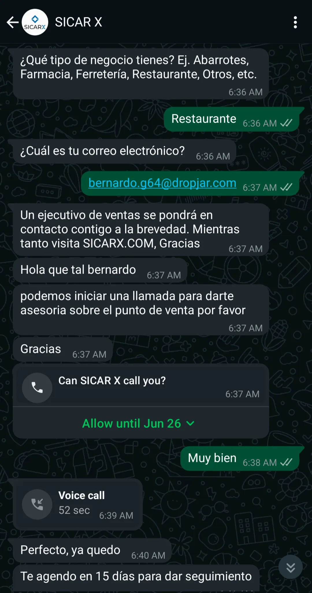 A WhatsApp conversation between SICAR and a customer.