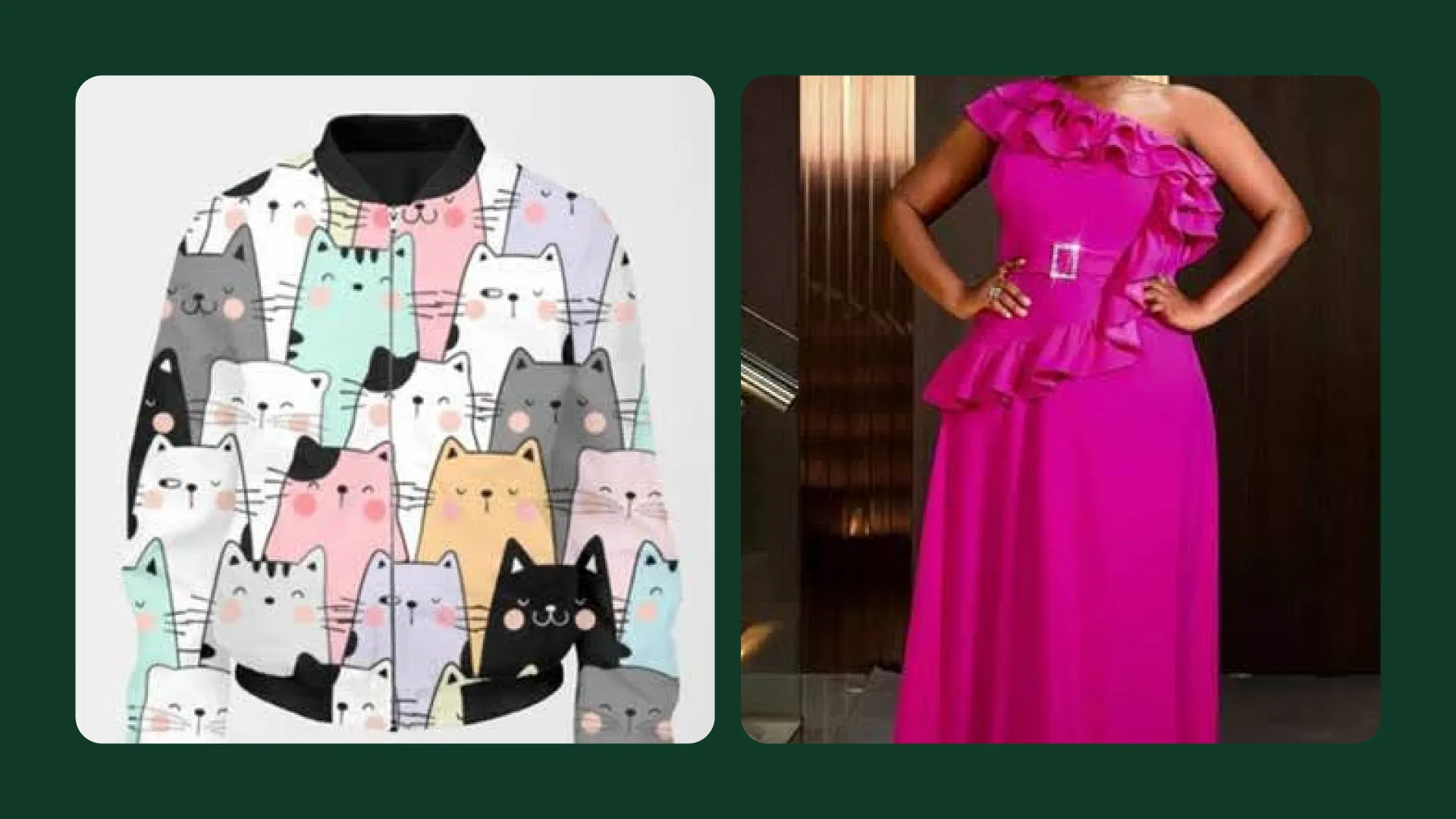 Jaqueta com estampa de gatos coloridos ao lado de uma mulher usando um vestido chique
