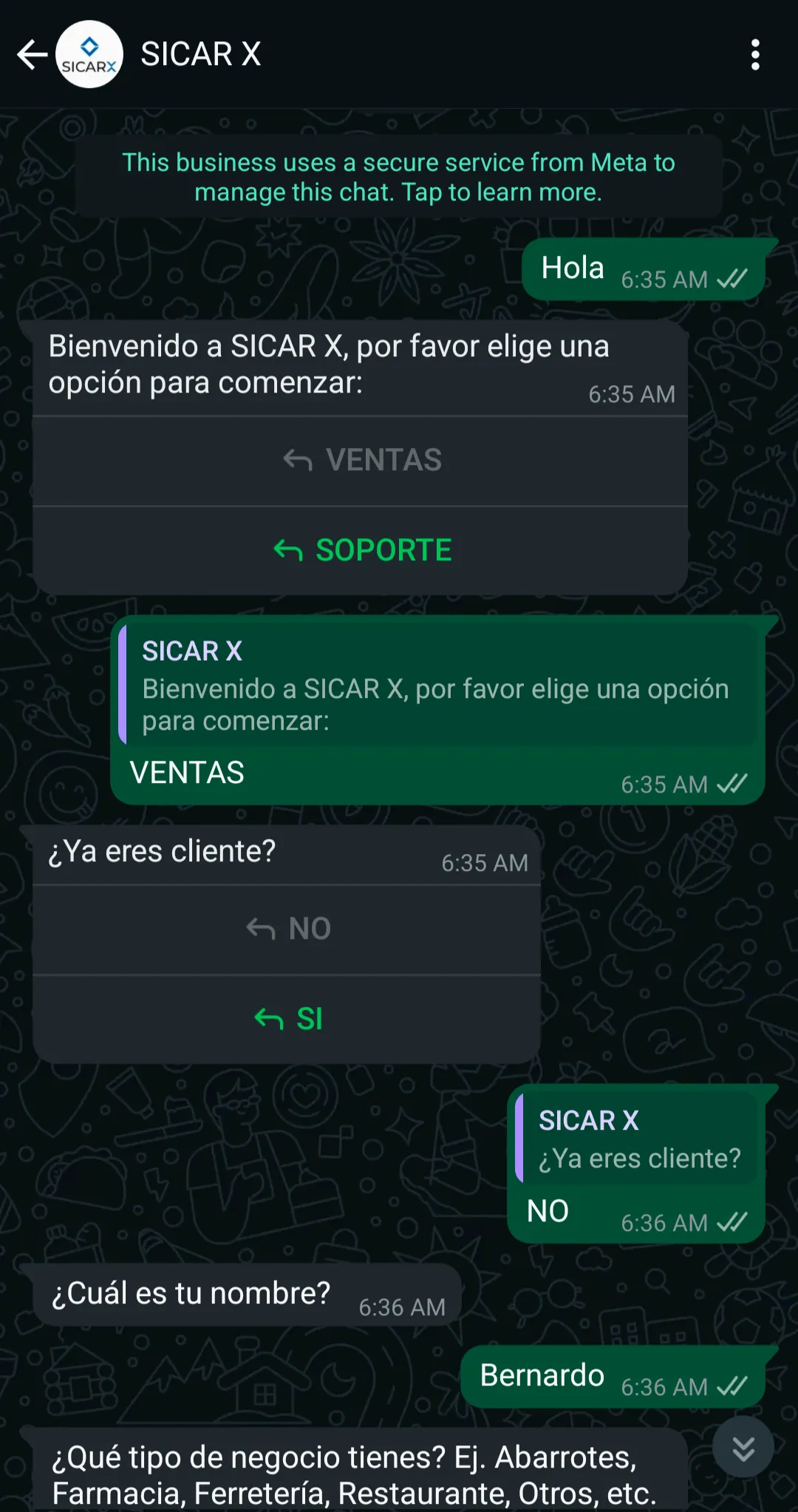 A WhatsApp conversation between SICAR and a customer.