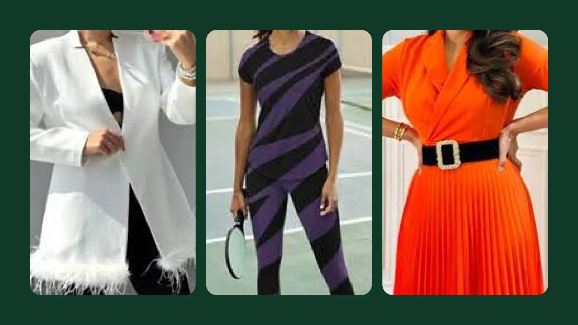 Three different outfits with white jacket, orange dress, and purple black t-shirt and pants