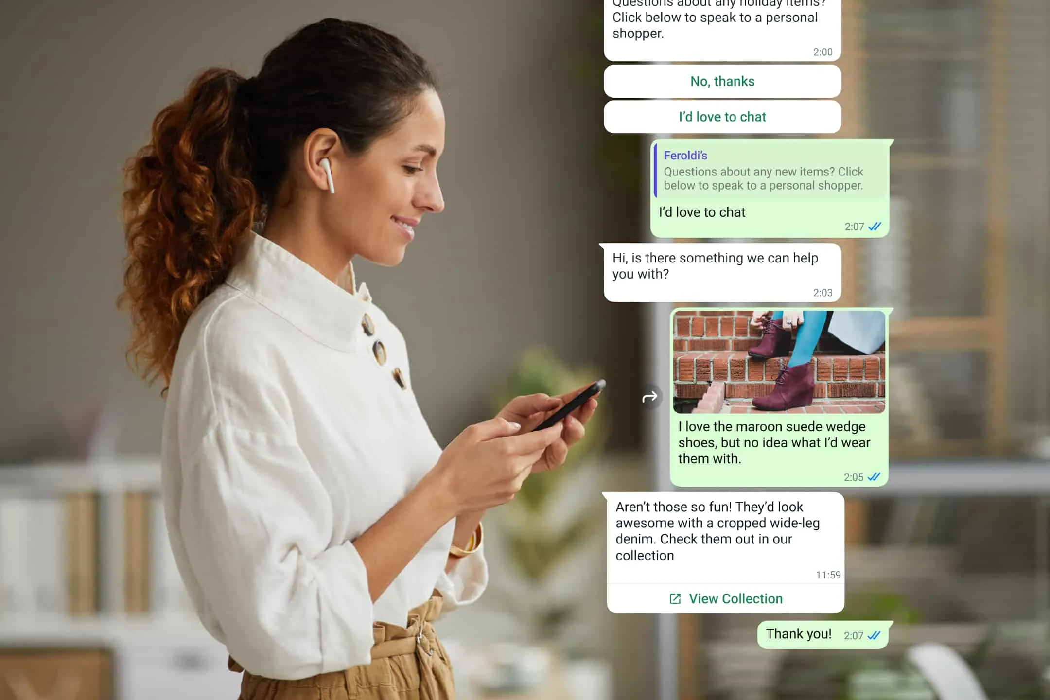 Customer engaging with business via digital personal shopper on Whatsapp business messaging