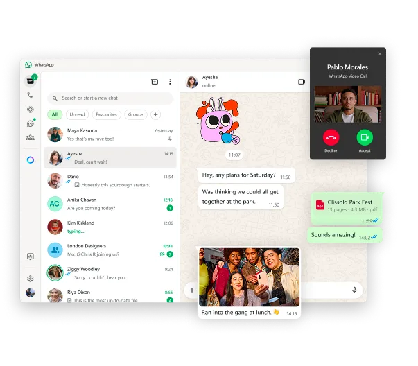 Windows native version of WhatsApp highlighting video chats and various messaging capabilities