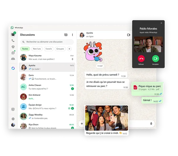 Version native Windows de WhatsApp mettant en avant les discussions vidéo et les différentes fonctionnalités de messagerie