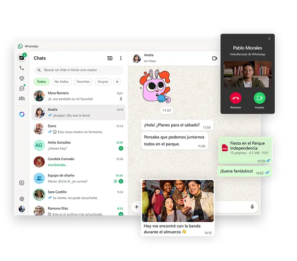 Versión nativa de WhatsApp para Windows que destaca las videollamadas y diversas funciones de mensajes