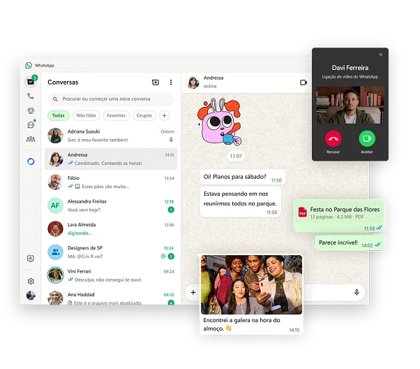 Versão nativa do WhatsApp para Windows destacando as ligações de vídeo e vários recursos de mensagens