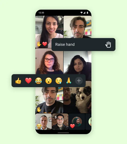 Mobile device showing a video call with emphasis on reactions and raise hands