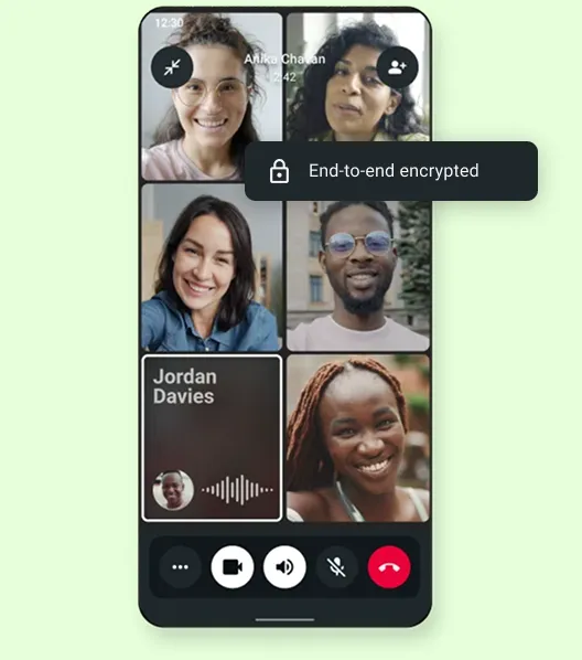 Mobile device showcasing a group voice call with emphasis on end-to-end encryption