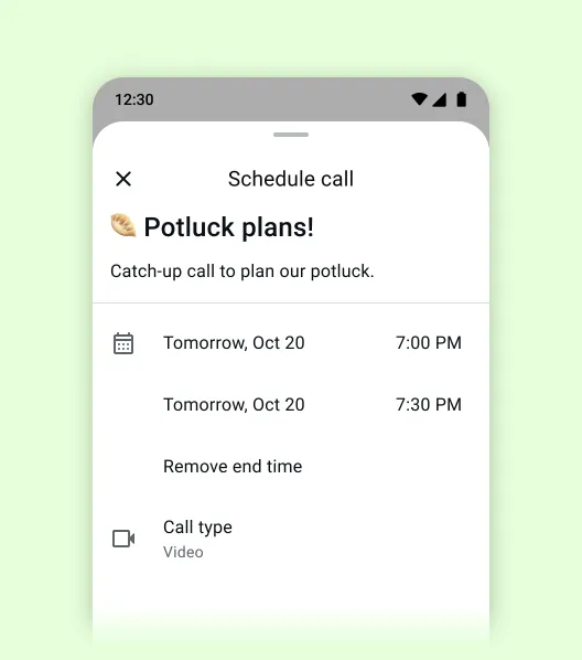 UI screen showing the schedule call feature