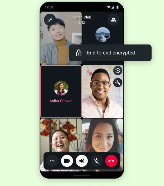 Mobile device showcasing a group voice call with emphasis on end-to-end encryption