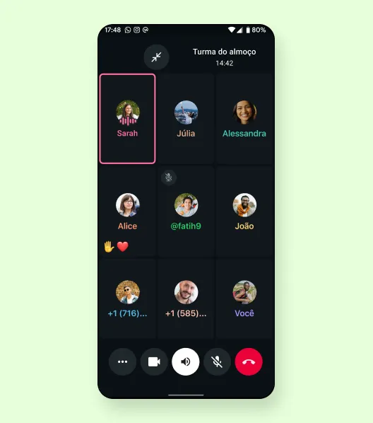 Dispositivo móvel mostrando uma ligação de voz em grupo
