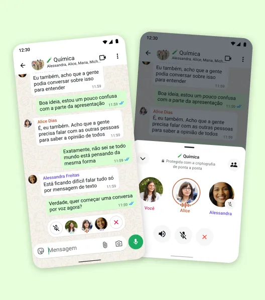 Dois dispositivos móveis mostrando a opção de entrar silenciosamente em uma ligação em andamento