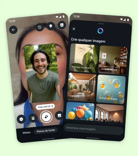 Dois dispositivos móveis mostrando as telas da interface do usuário para adicionar efeitos às ligações de vídeo