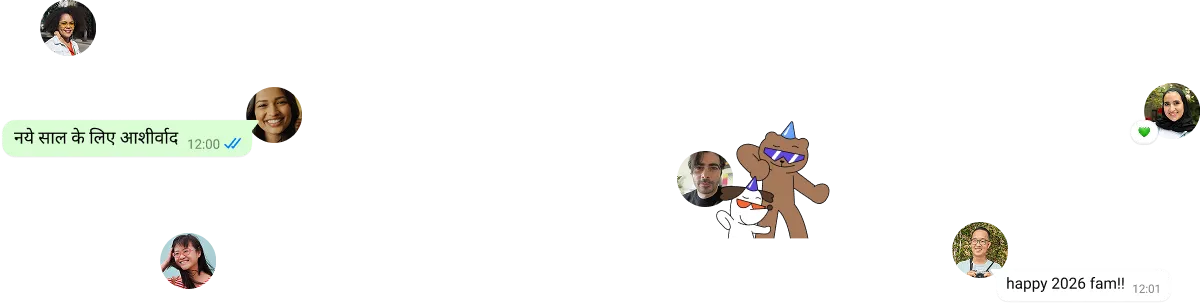 bubbles of text saying happy new year in different languages with individual users icons