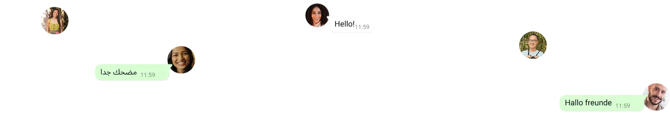 bubbles of text saying hello in different languages with individual users icons