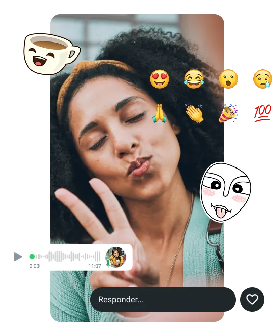 duas amigas rindo com recursos do whatsapp aparecendo na imagem, como mensagens de voz, figurinhas e gifs