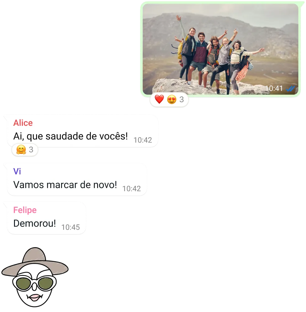 captura de tela do recurso de conversa em grupo do WhatsApp, incluindo troca de fotos e mensagens