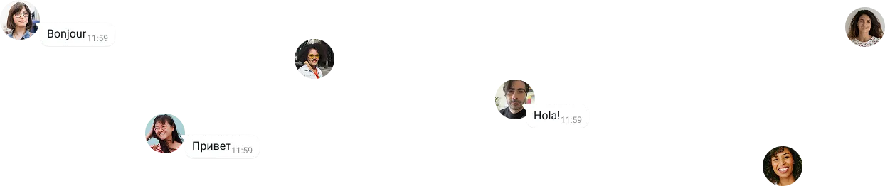 bubbles of text saying hello in different languages with individual users icons